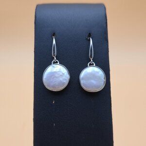 Sterling Silver Large Genuine Round Pearl Dangle Earrings A5390